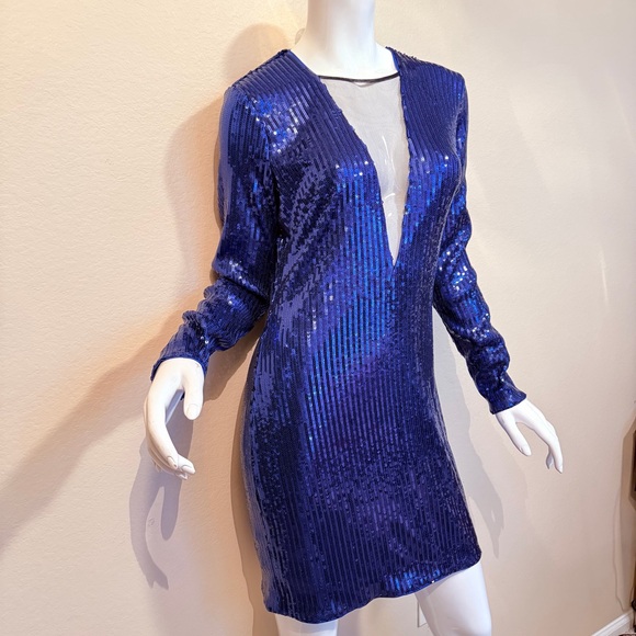 Bebe Blue Sequin Longsleeve Deep Plunge Sheer Panel Dress - Picture 2 of 12